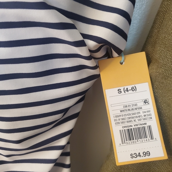 WOMANS BLUE & WHITE STRIPED ONE-PIECE BATHING SUIT - SIZE S (4-6) - Picture 2 of 5